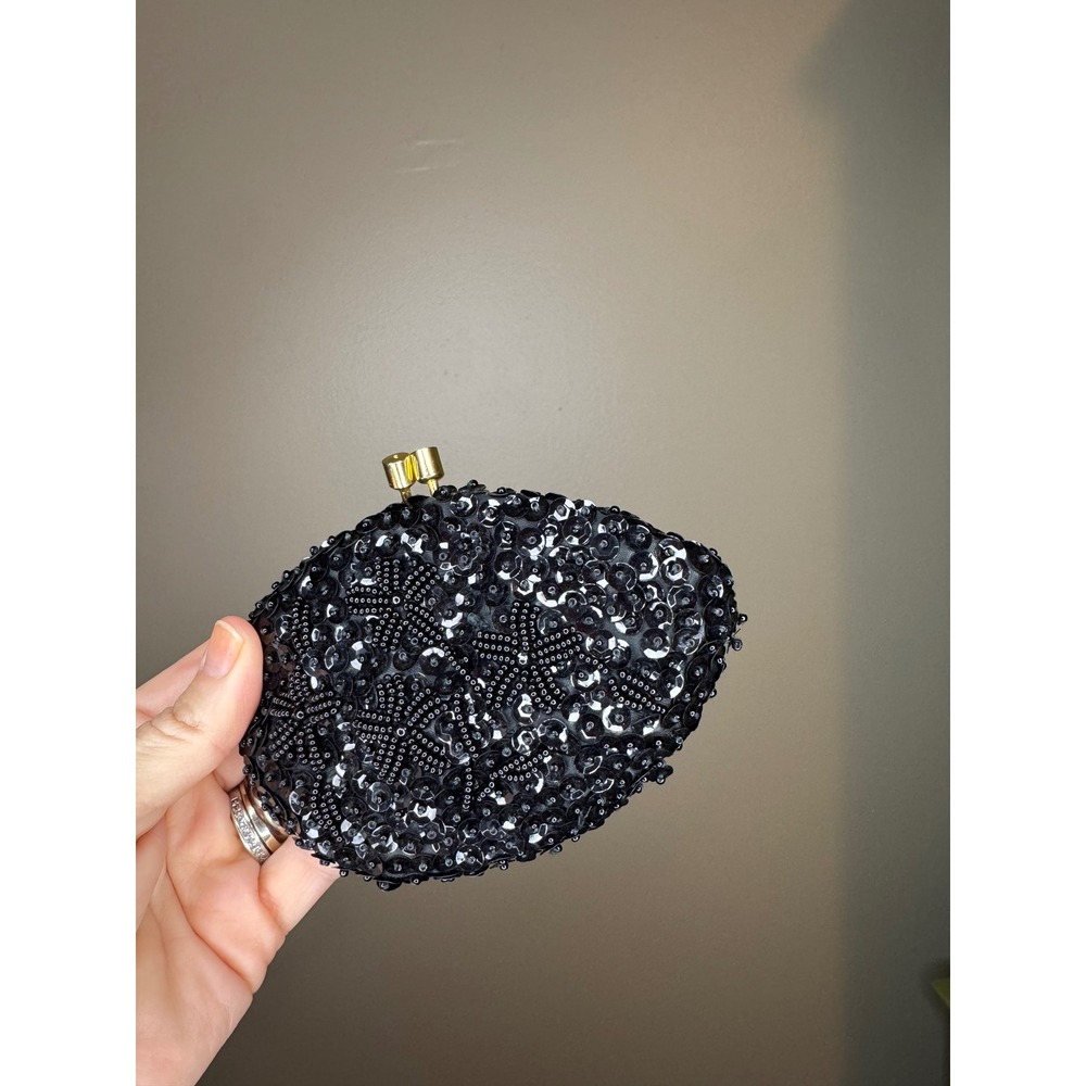 Vintage Black Beaded Coin‎ Purse Kiss Lock Mini Pouch